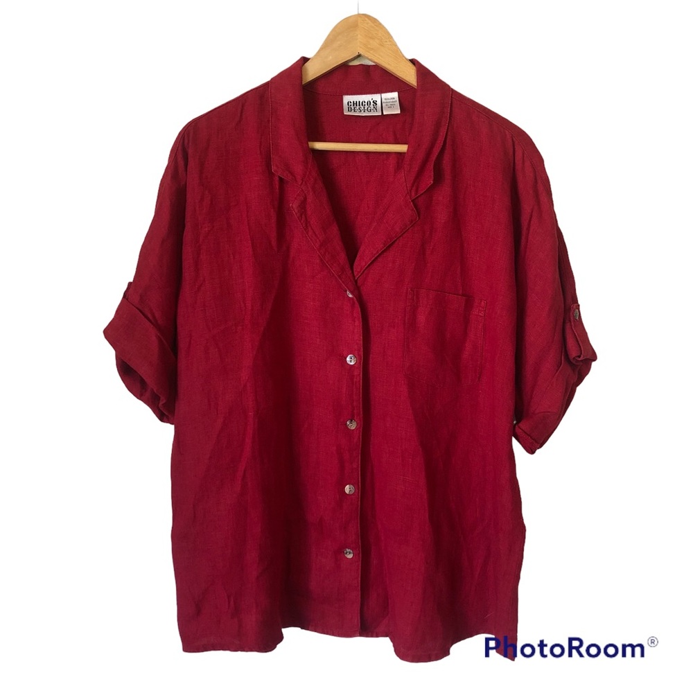 100% Linen Chicos Design Red Short Sleeve Button Up Blouse Women’s Size Large